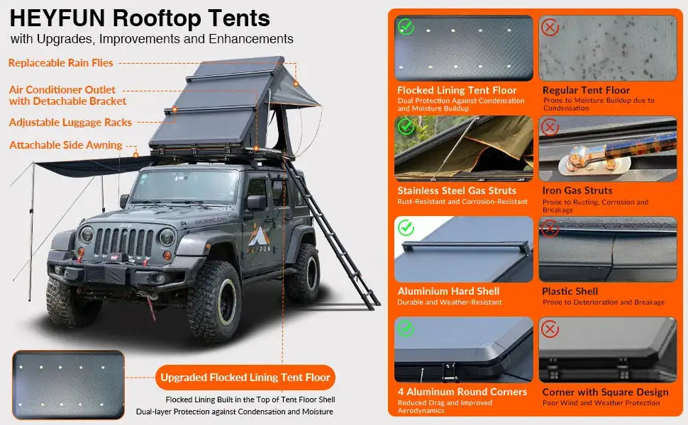 Adventurer Plus Rooftop Tent Hardshell with Side Awning, Air Conditioner Outlet with Bracket, Replaceable Rain Flies
