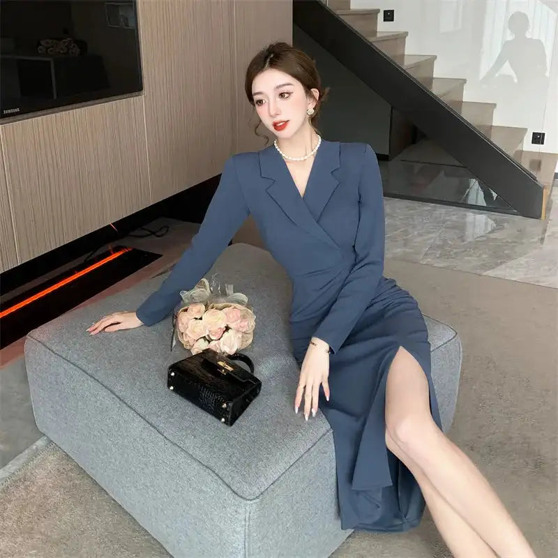 Women Pink Pleated Bodycon Formal Long Dress Autumn Winter Long Sleeve Chic Suit Dress 2025 Korean Fashion Elegant Party Dresses