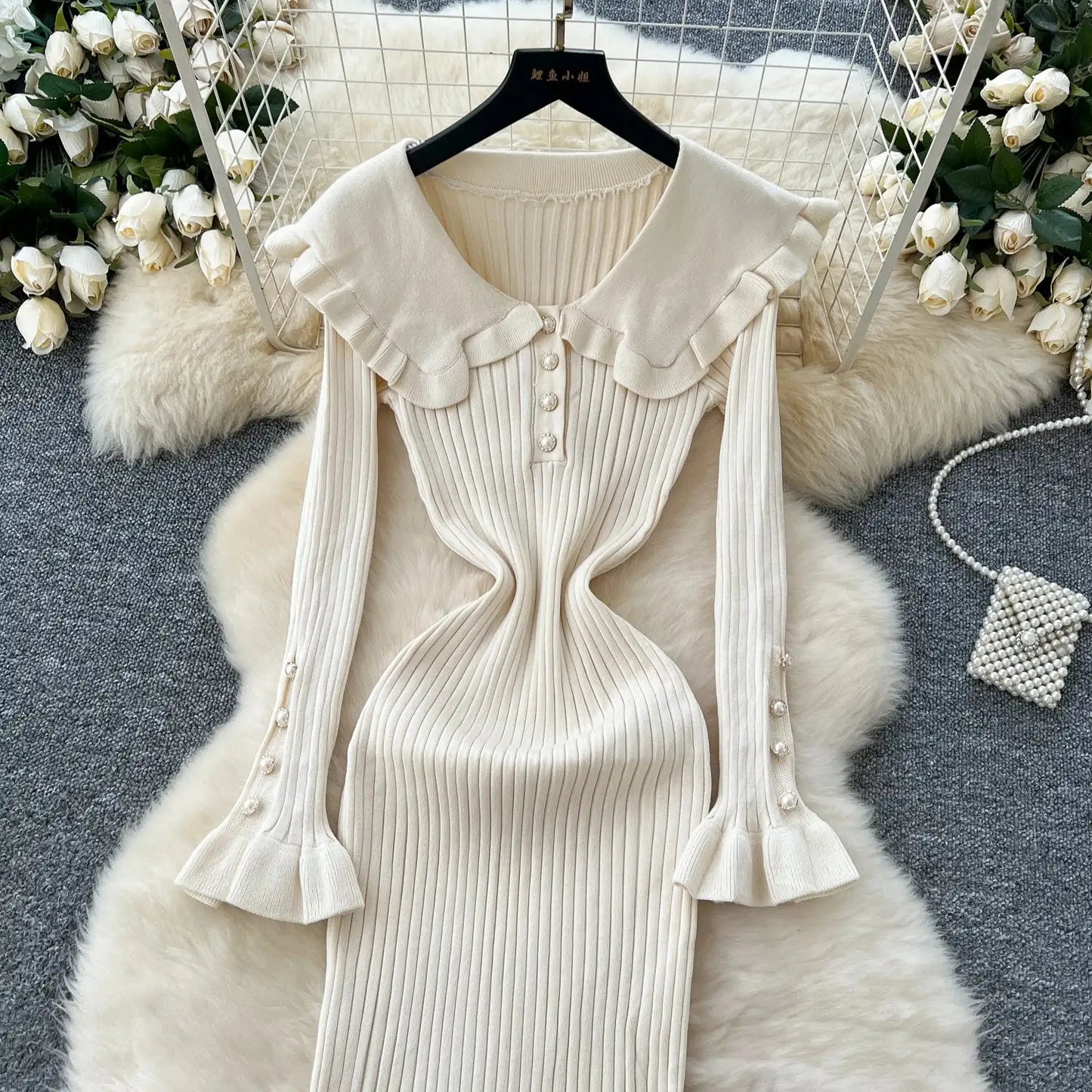 SINGREINY 2024 Hotsweet Slim Autumn Dress Women Peter pan Collar Long Sleeves Patchwork Preppy Style Mermaid Sweater Long Dress
