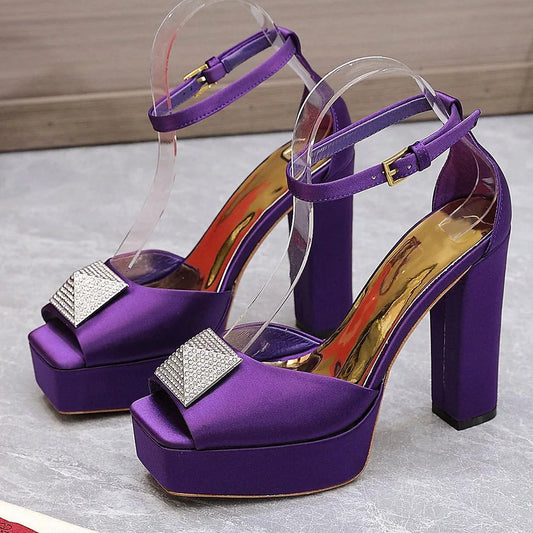 Deep Purple Satin Crystal Rivet Chunky Sandals | Platform Square Toe Heels | Bright Yellow Sexy Lace-Up Party Shoes with Metal Buckle - Premium Shoes from Lizard Vigilante - Just $98.88! Shop now at Lizard Vigilante