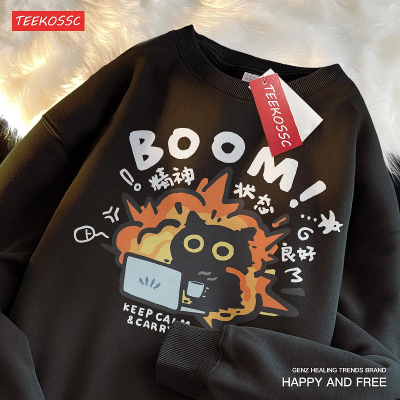 Funny Cat Sweatshirt - Good Mental State BOOM Cartoon Fleece Oversized Hoodie for Men & Women - Premium sweatshirt from Lizard Vigilante - Just $36.66! Shop now at Lizard Vigilante