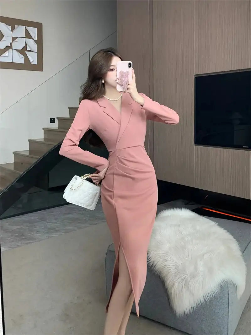 Women Pink Pleated Bodycon Formal Long Dress Autumn Winter Long Sleeve Chic Suit Dress 2025 Korean Fashion Elegant Party Dresses