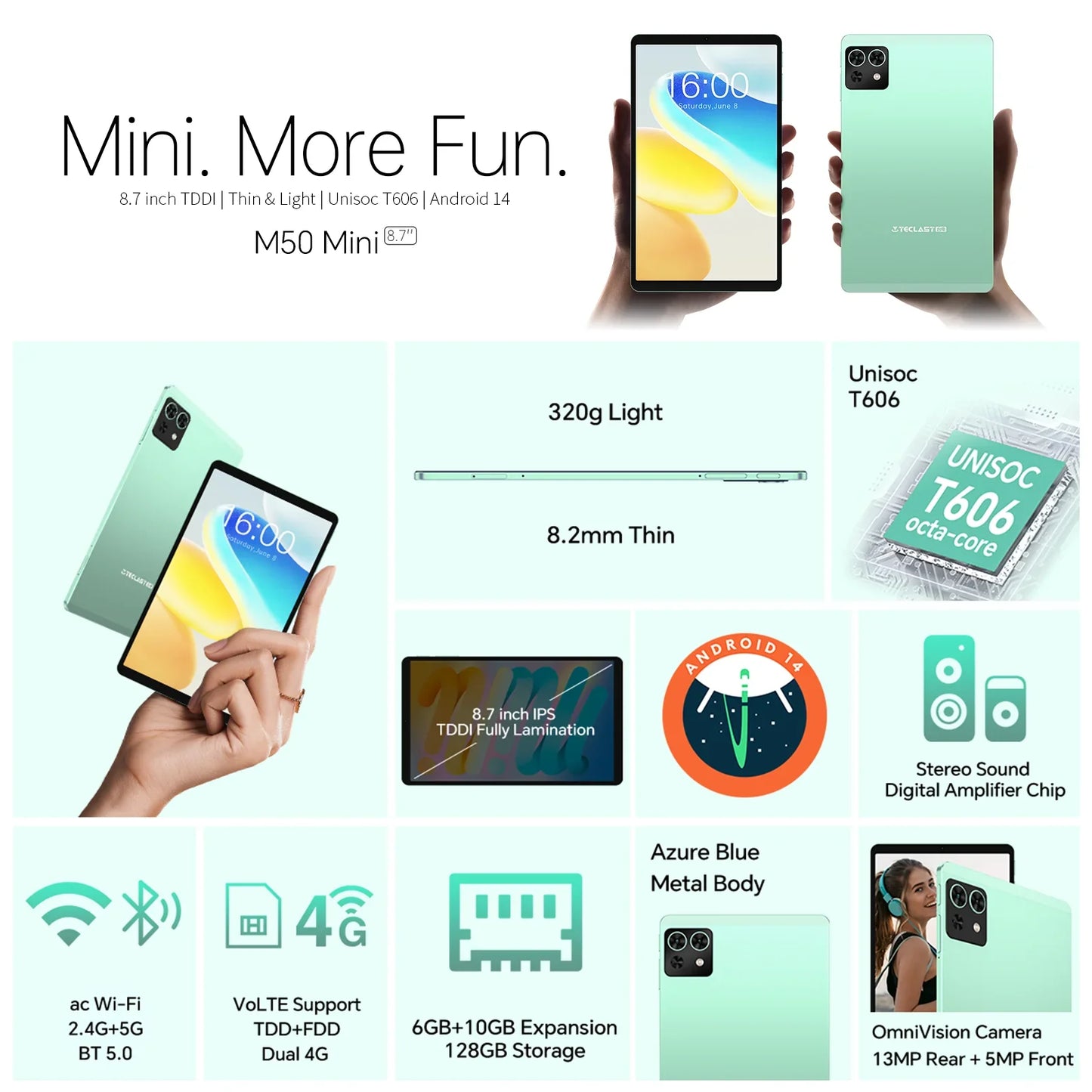 Teclast M50Mini, 8.7 Inches Tablet, 8 Cores, Android 14, 4g Phone Call, (6Gb+10Gb)16Gb Ram, 128Gb Rom, 1340X800, Unisoc T606, 13Mp+5Mp