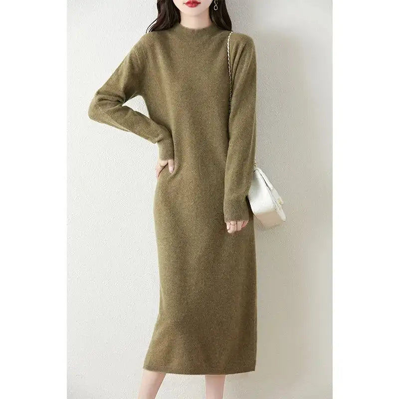 Autumn Winter Women's Wool Long Dress Cashmere Mock Neck Pullover Sweater 100% Merino Wool Soft Knitwear OL Simple Basic Dress
