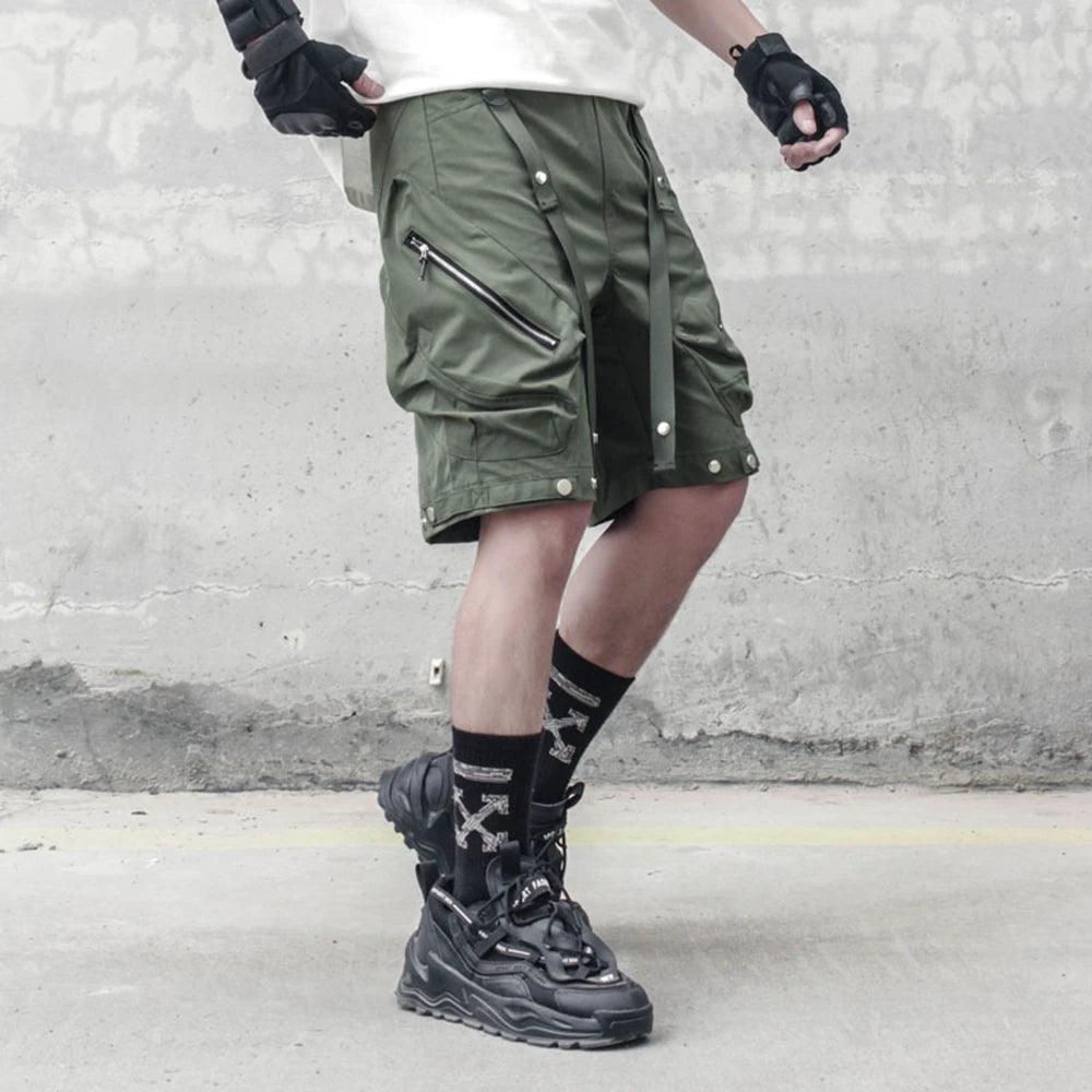 AOGZ Gothic Techwear Cargo Short Pants Men Streetwear Harajuku Ribbons Knee Length Pants Trousers Summer Loose Casual Shorts - Lizard Vigilante