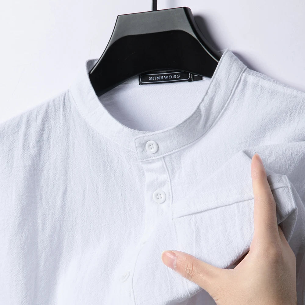 Summer Men's Stand Up Collar T Shirts Solid Color Short Sleeve Linen Shirt Trendy Breathable Loose Lightweight Basic Pocket Top - Premium  from Lizard Vigilante - Just $52.99! Shop now at Lizard Vigilante