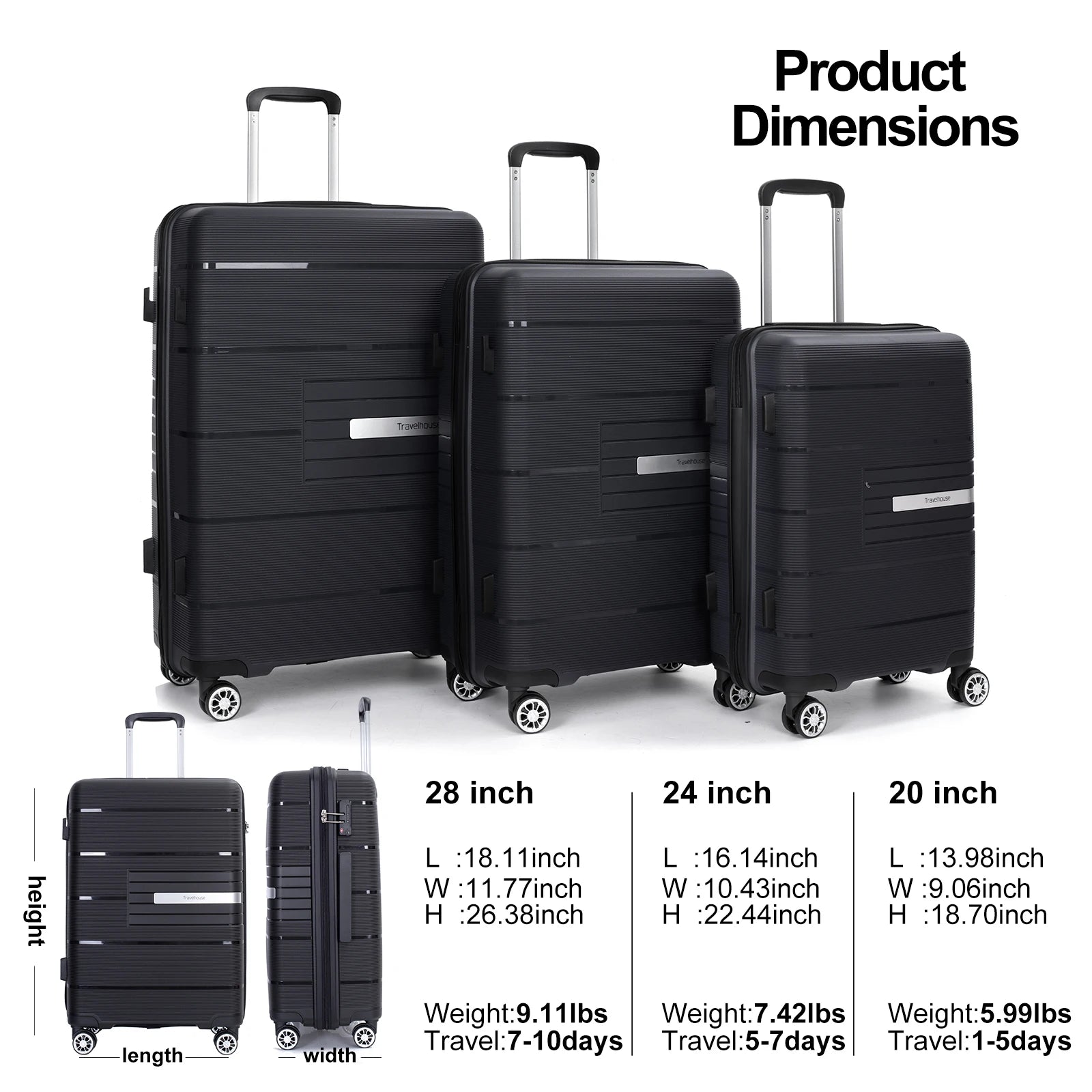 Travelhouse Hardshell Suitcase PP Luggage Sets Lightweight Durable Suitcase with TSA Lock,3-Piece Set (20/24/28) - Premium  from Lizard Vigilante - Just $180.99! Shop now at Lizard Vigilante