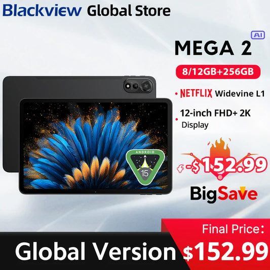 Blackview MEGA 2 Tablets 12 inch 2K Display Widevine L1 24GB(8+16) Android 15 256GB 9000mAh AI Main Camera Pad PC