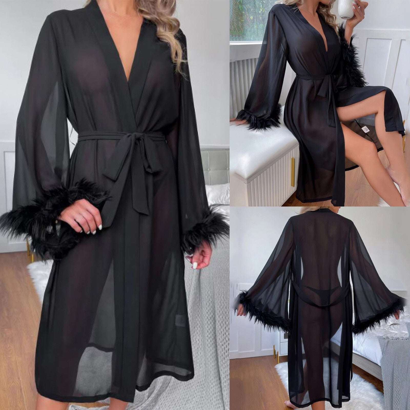 Elegant Summer Women's Silk Feather Robe – Comfortable Long-Sleeved Pajamas Nightgown - Premium robe from Lizard Vigilante - Just $28.88! Shop now at Lizard Vigilante