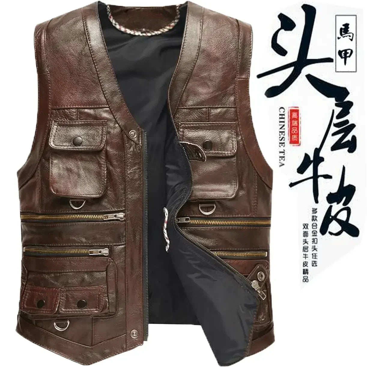 Men's Genuine Leather Imported Vest Male Multiple Pockets Sleeveless Coat Men V-neck Real Sheepskin Waistcoat - Lizard Vigilante