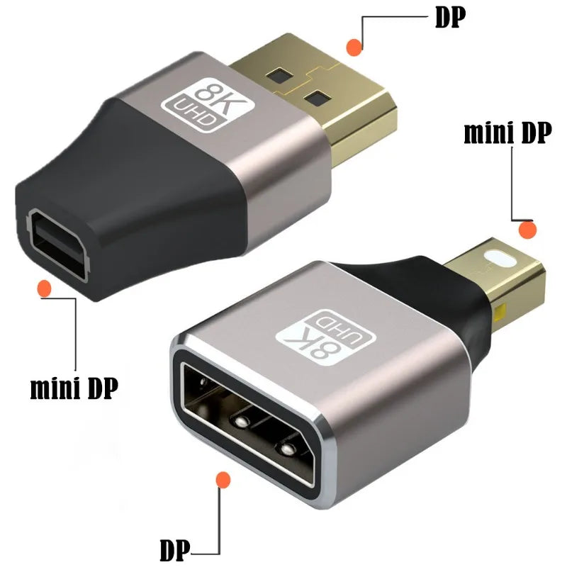 Mini DisplayPort to DisplayPort Adapter 8K60Hz DP2.1 Female to MiniDP Male Bi-Directional Connector for Laptop PC Gaming Monitor