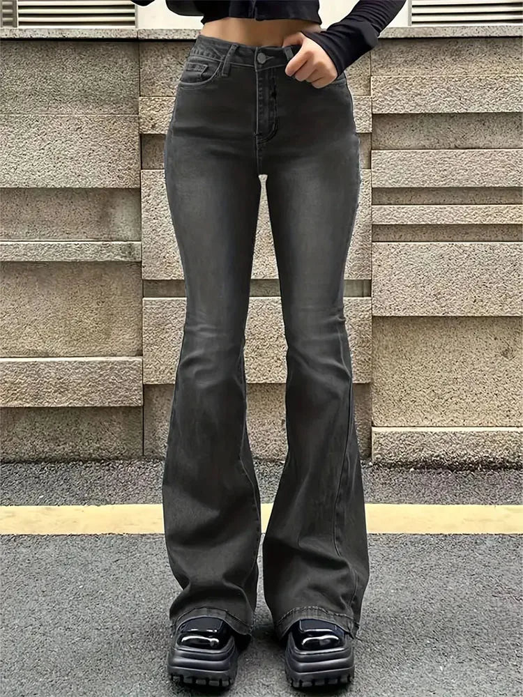 Women's Flare Stretch Jeans Fashion Skinny Bell Bottom High Waist Gray Denim Pants Lady Classic Y2K Punk Long Trousers - Lizard Vigilante