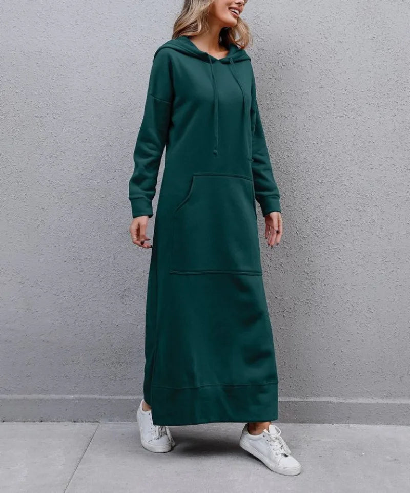 Women’s Hoodie Dress Winter Warm Lace-Up Hem Long Sweatshirt Casual Loose Midi Robe