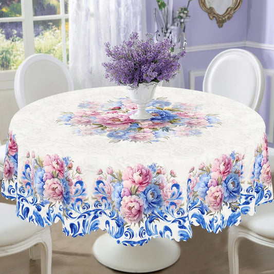 1 Piece of Floral Round Tablecloth, 5 Sizes Available, Blue Blue and White Porcelain Pattern Printed Tablecloth, Edge Embossing Process, Spring Garden Tablecloth Decoration, Tablecloth for Daily Home Kitchen, Terrace, Spring
