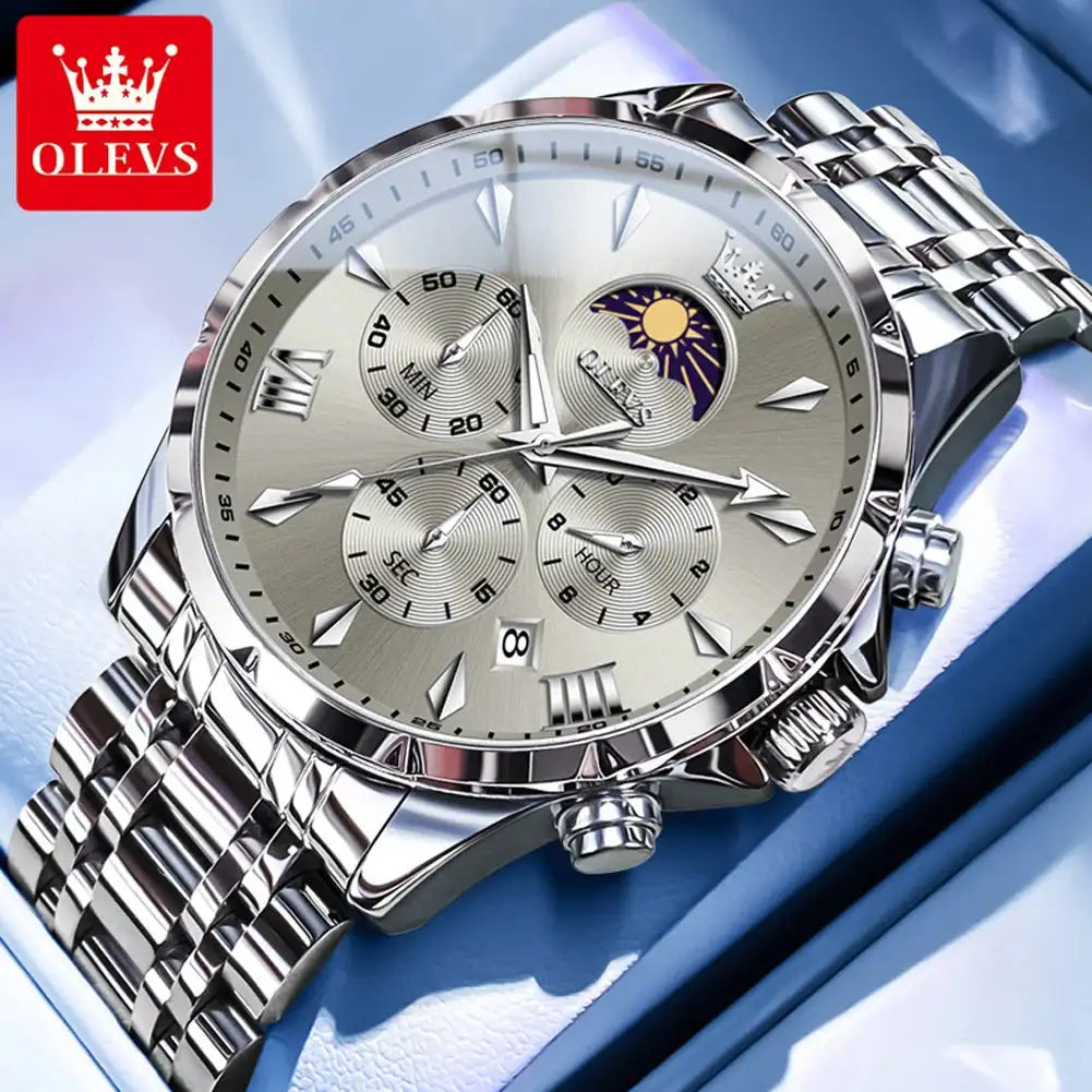 OLEVS 3653 Men Watch Luxury Brand Quartz Watch Multi functional Automatic Date Timer Watch Waterproof Luminous Moonphase Watch