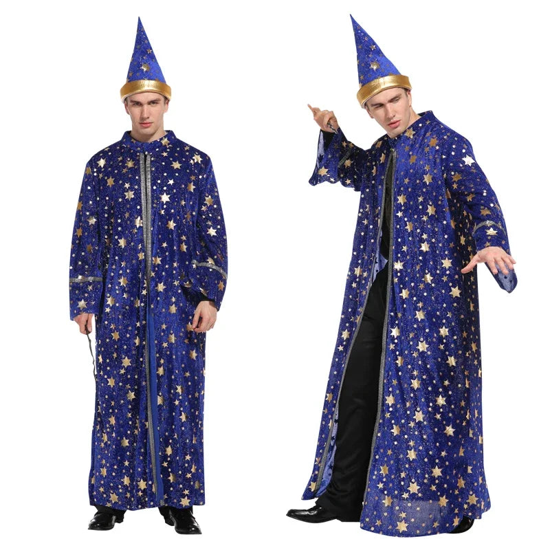 Adult Halloween Men Blue Robe and Hat | Star Moon Magic Magician Wizard Costume | Cosplay Role Playing - Premium costume from Lizard Vigilante - Just $38.88! Shop now at Lizard Vigilante