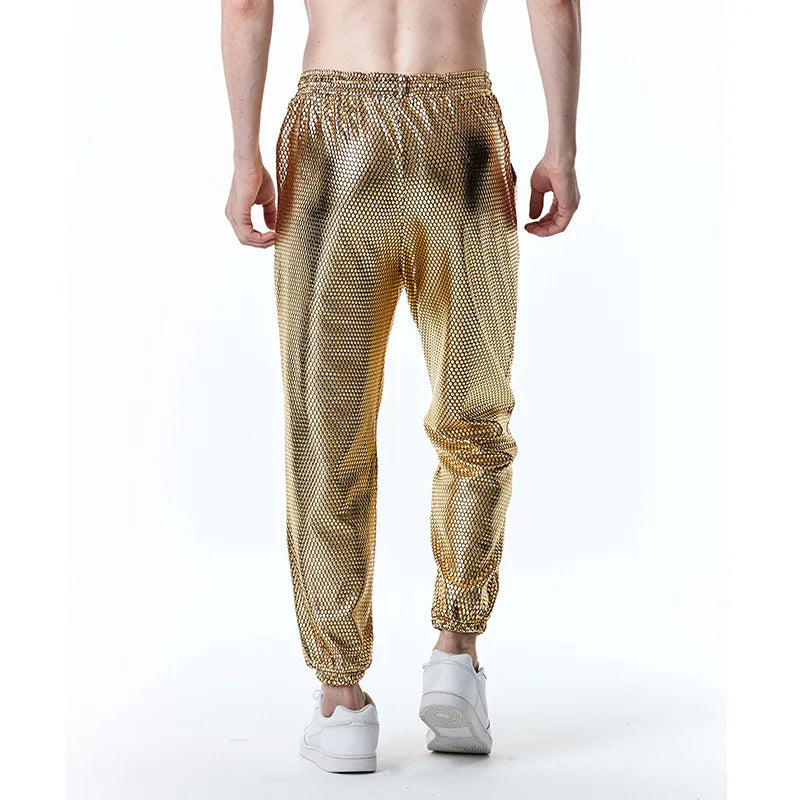 Mens Joggers Metallic Shiny Gold Fish Scales Sweatpants 70s Disco Dance Harem Pants Men Nightclub Stage Party Streetwear Trousers - Premium joggers from Lizard Vigilante - Just $34.99! Shop now at Lizard Vigilante