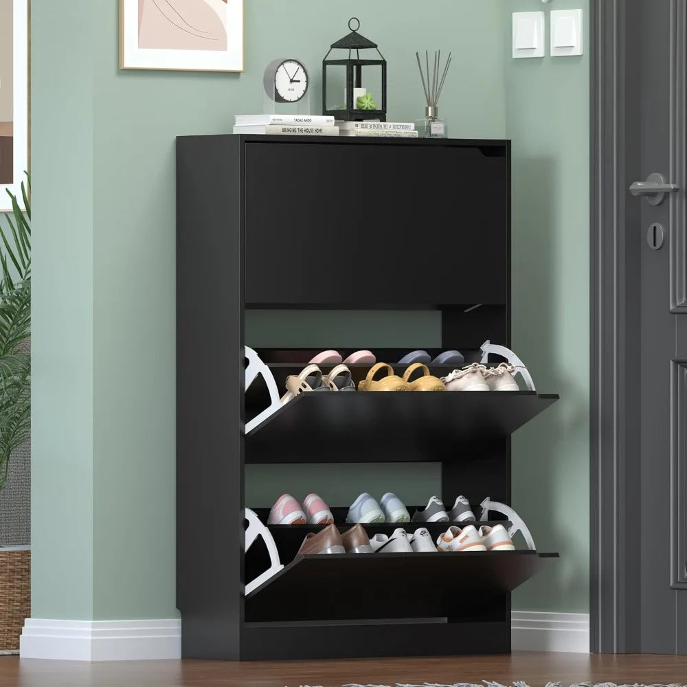 Easy To Use Black Shoe Cabinet with 3 Flip Drawers - Hidden Modern Shoe Storage for Entryway - Premium shoe accessories from Lizard Vigilante - Just $99.99! Shop now at Lizard Vigilante