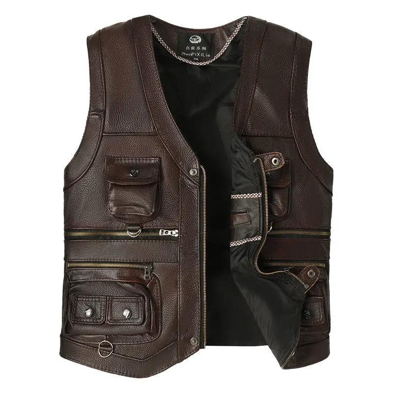 Cowhide Genuine Leather Vest Mens Slim Fit Real Leather Waistcoat Male Multi Pocket Zipper Vest D372 - Lizard Vigilante