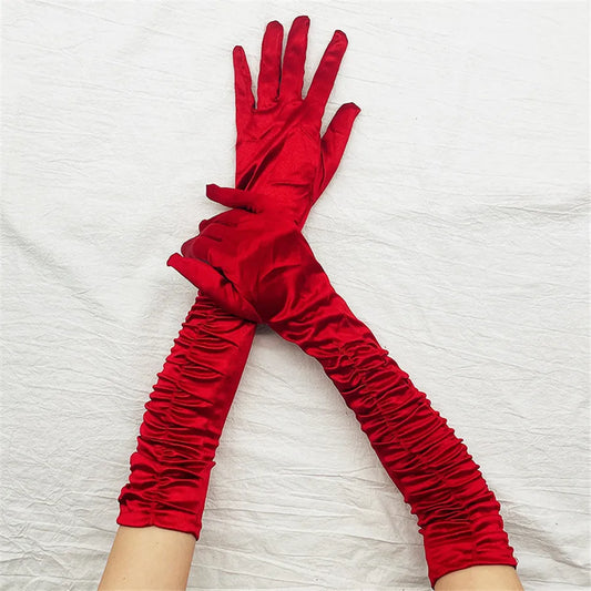 Women’s Long Solid Satin Folds Gloves – Retro Style Dance & Opera Performance Accessories - Premium  from Lizard Vigilante - Just $22.88! Shop now at Lizard Vigilante