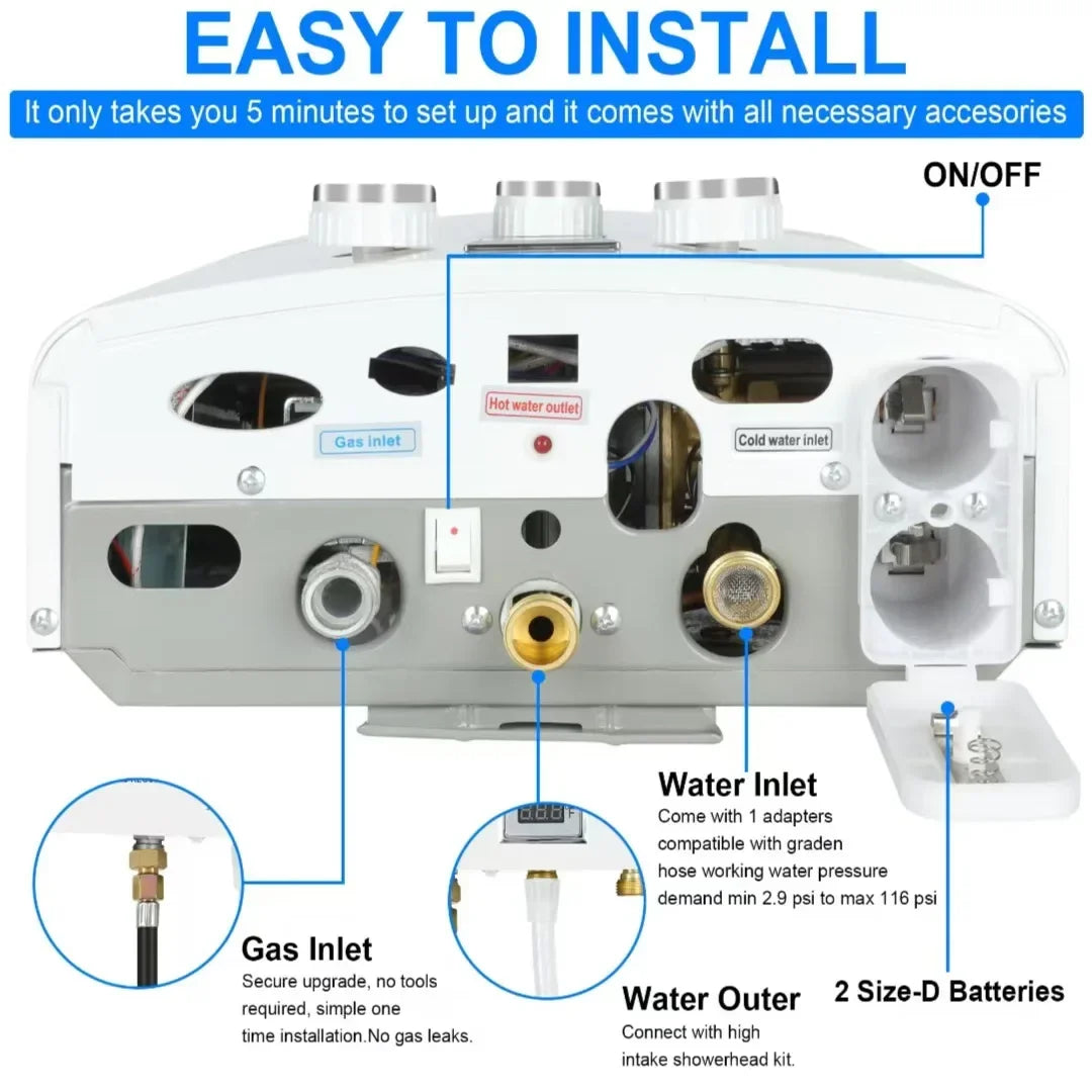 LPG Propane Gas Tankless Water Heater 6L Outdoor Camping Instant Heating Bath With Shower Head Hot Water Heater Car Truck Tent