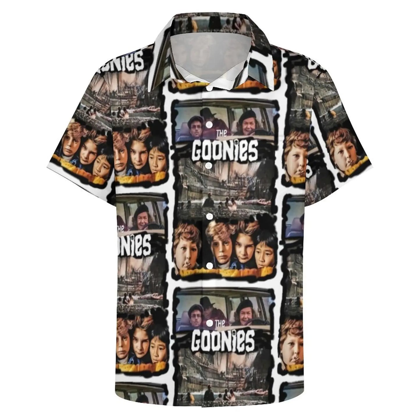 Retro Goonies Print Hawaiian Beach Shirt – 80s Classic Movie-Inspired Casual Button-Up for Men, Plus Size - Premium beach shirt from Lizard Vigilante - Just $26.88! Shop now at Lizard Vigilante