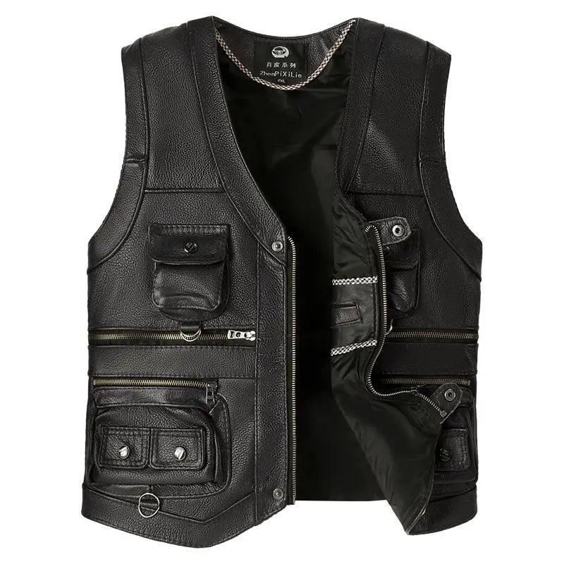 Cowhide Genuine Leather Vest Mens Slim Fit Real Leather Waistcoat Male Multi Pocket Zipper Vest D372 - Lizard Vigilante