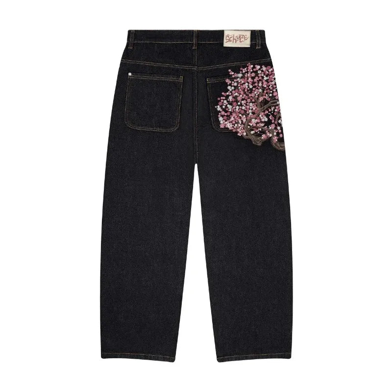 Cherry Blossom Selvedge Wide-Leg Jeans – Y2K Baggy Embroidered Denim Streetwear for Men & Women
