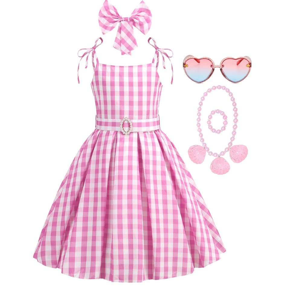 Barbie Movie Costume Girls Princess Cosplay Clothes Children Pink Plaid Dress Halloween Carnival Kids Party Wear 2-10 Years - Premium Cosplay Costumes from Lizard Vigilante - Just $18.99! Shop now at Lizard Vigilante