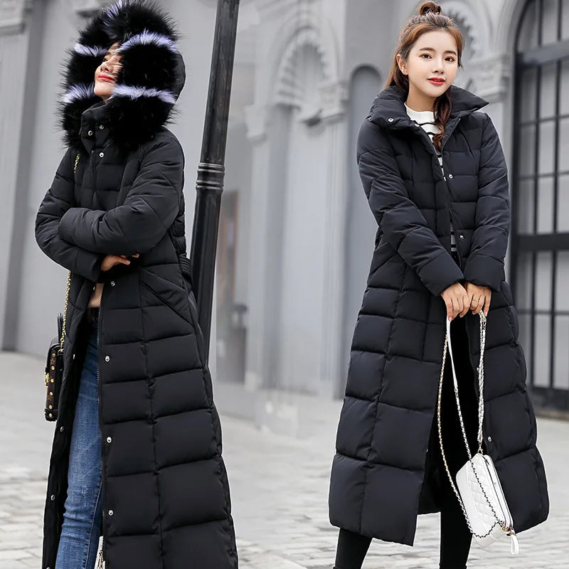 UHYTGF 2024 Winter Women's Long Parka – Bow Belt Fox Fur Collar Oversized Vintage Thick Coat - Premium coat from Lizard Vigilante - Just $58.88! Shop now at Lizard Vigilante