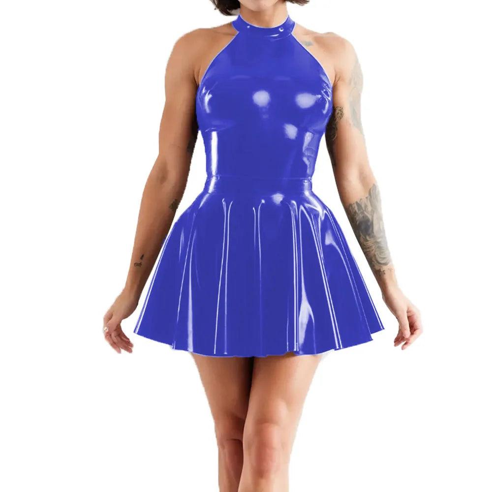 Shiny Sleeveless A-Line Pleated Mini Dress Halter Neck Skater Wet PVC Leather Swing Skirt Dress Latex-look Clubwear - Lizard Vigilante