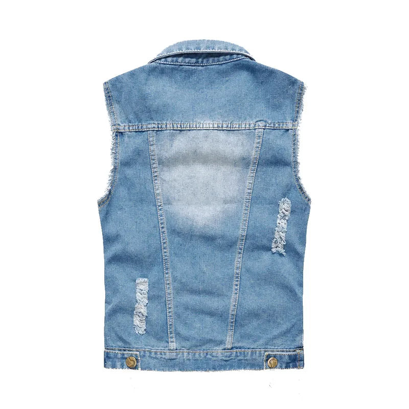 FALIZA New Men's Denim Vest - Ripped Sleeveless Jeans Jacket - Premium denim vest from Lizard Vigilante - Just $42.88! Shop now at Lizard Vigilante