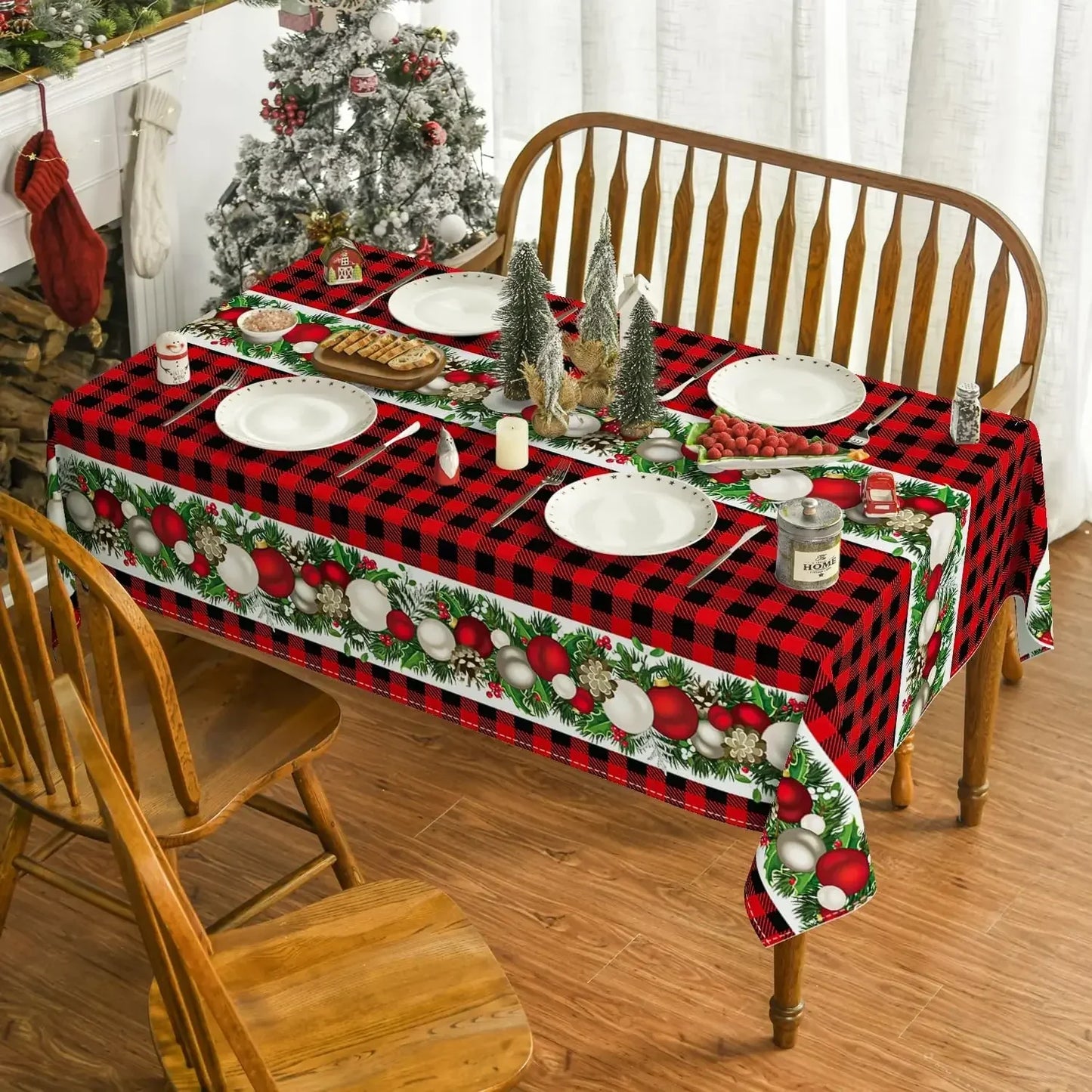 Christmas Ball Ornaments Red Bufalo Plaid Rectangle Tablecloth Dining Room Decor Reusable Table Cover Xmas Party Decorations