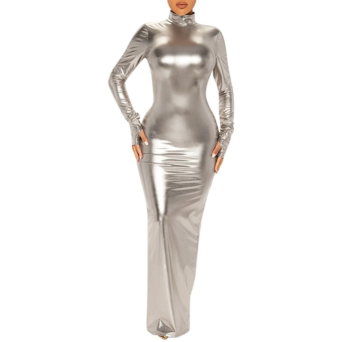 Elegant Bodycon Maxi Dress for Women – Sexy Hollow Out Backless Long Sleeve Shiny Gold Party Dress - Premium dress from Lizard Vigilante - Just $48.88! Shop now at Lizard Vigilante