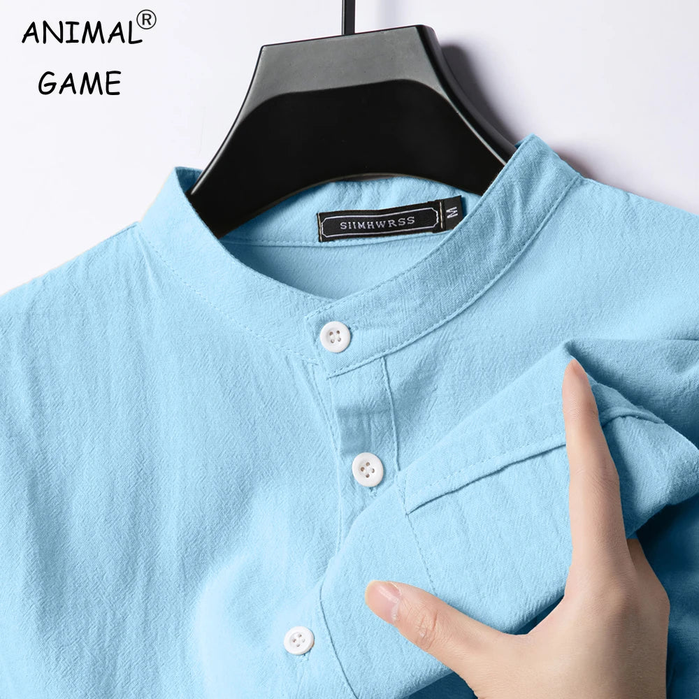 Summer Men's Stand Up Collar T Shirts Solid Color Short Sleeve Linen Shirt Trendy Breathable Loose Lightweight Basic Pocket Top - Premium  from Lizard Vigilante - Just $52.99! Shop now at Lizard Vigilante