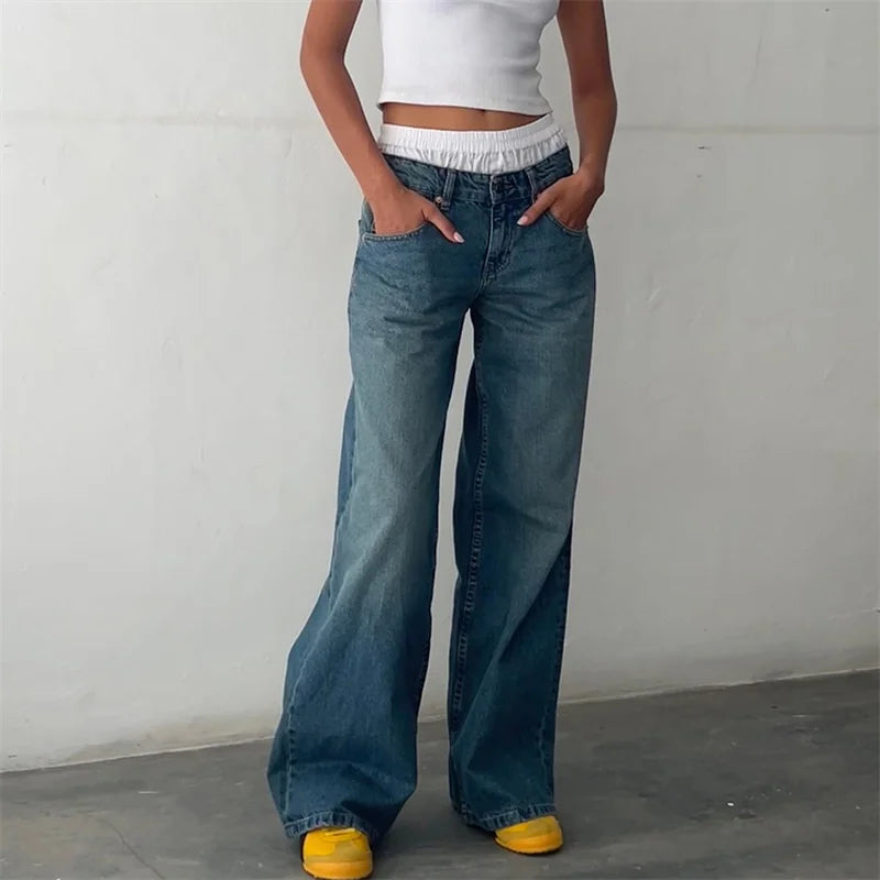 Lamuusaa Jeans y2k Clothes Women Solid Color Low Waist Waist Wide Leg Denim Pants Trousers with Multi Pockets 2000s Streetwear