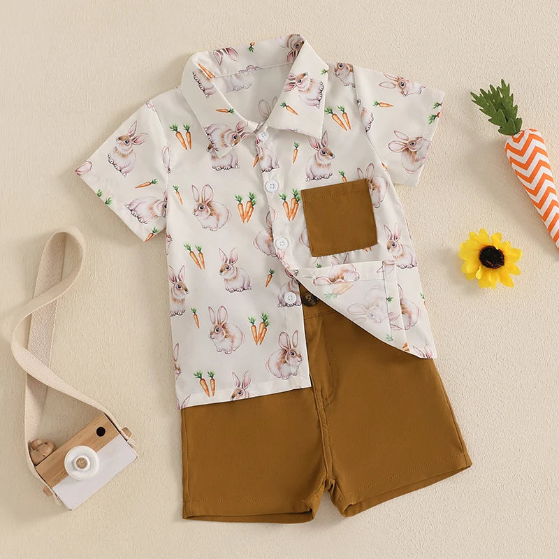 Toddler Easter Clothing Set with Short Sleeve Lapel Bunny Carrot Print Shirt and Solid Color Shorts - Adorable Boy s Easter