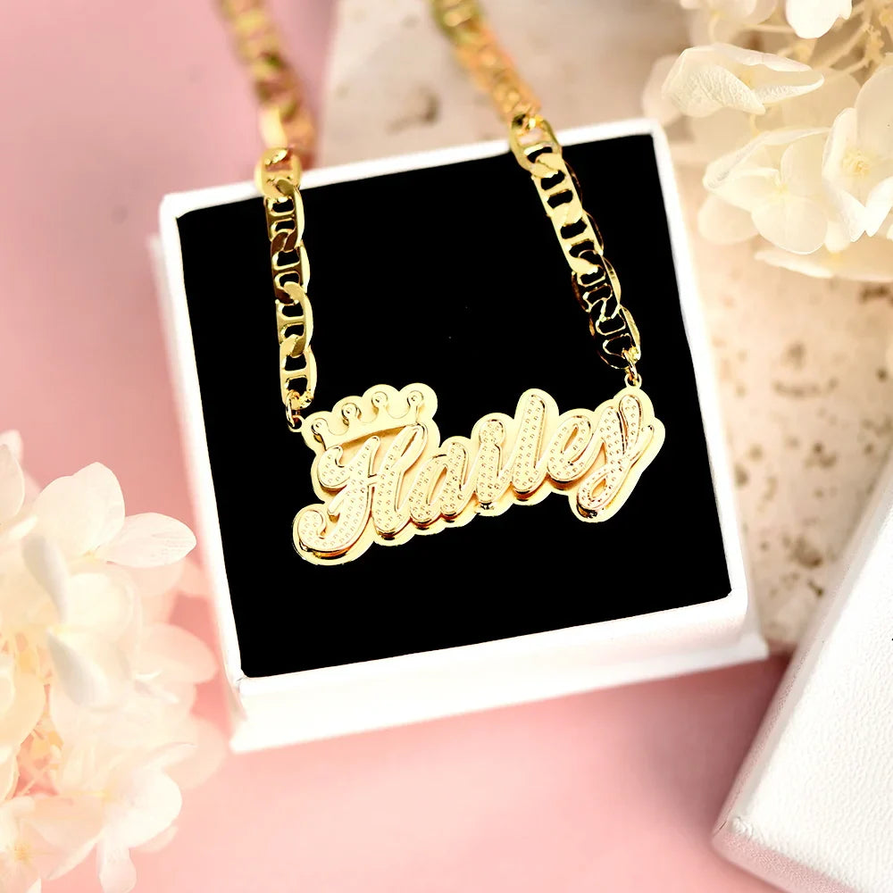 DHQH Customized 3D Name Necklace with Crown Personalized Double Layer Pendant Flat Chain Women's Stainless Steel Jewelry Gift