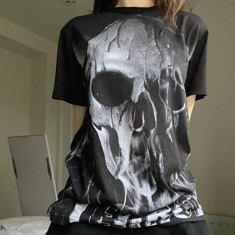 2000s Aesthetic Mall Goth E-girl Gothic T-shirt Retro Y2K Grunge Skull Wing Crop Tops Indie Graphic Print Short Sleeve Tee Women - Premium T-Shirt from Lizard Vigilante - Just $29.99! Shop now at Lizard Vigilante