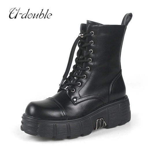 Punk Women Platform Ankle JackBoots Female's Rock Round Toe Lace Up Fashion Retro Chunky Shoes Metal Decor Short Boots - Lizard Vigilante