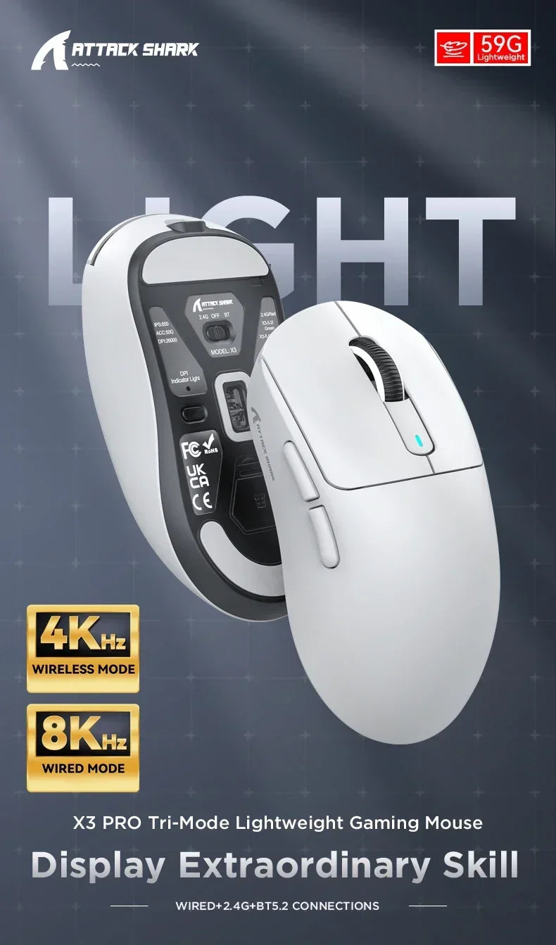 Attack Shark X3Pro Wireless  Gaming Mouse PixArt PAW3395 26000dpi Bluetooth Optical Mouse Tri-Mode Connection Macro Gaming Mouse