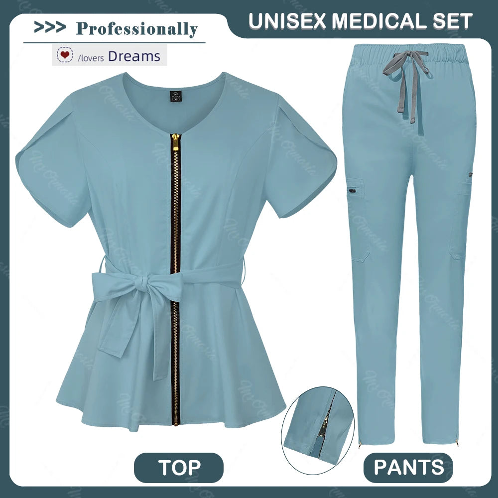 Unisex Medical Scrub Set | Fashionable & Breathable Beauty Salon & Nurse Uniform | Zipper Lapel Design - Premium scrubs from Lizard Vigilante - Just $58.88! Shop now at Lizard Vigilante