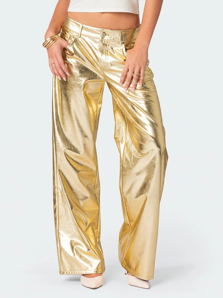 Women s Metallic Jeans Loose Low Waist Button Straight Leg Long Length Gold Trousers Glitter Pants with Front Pockets - Premium  from Lizard Vigilante - Just $38.99! Shop now at Lizard Vigilante