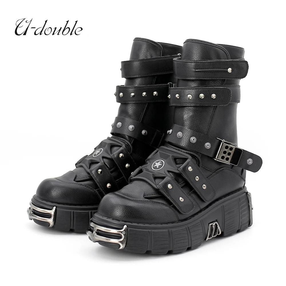 Punk Style Men and Women Boots High Heel Platform Shoes Height 6CM Woman Gothic Ankle Rock Boots Metal Decor Retro - Lizard Vigilante