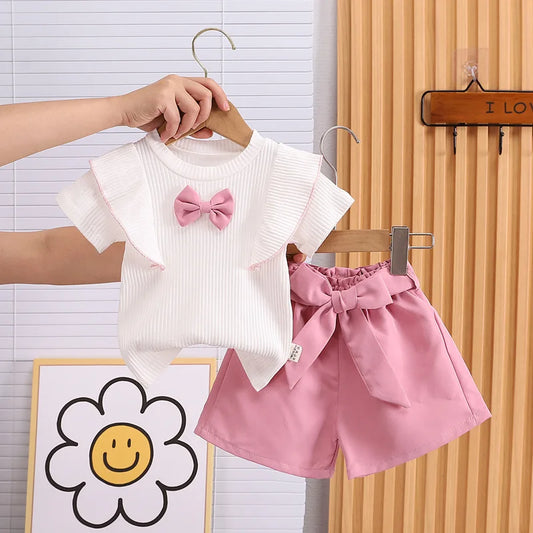 Baby Girls Clothes Summer Outfit Set Bow Top And Shorts 2-Piece Children's Clothing Ensemble for Girls