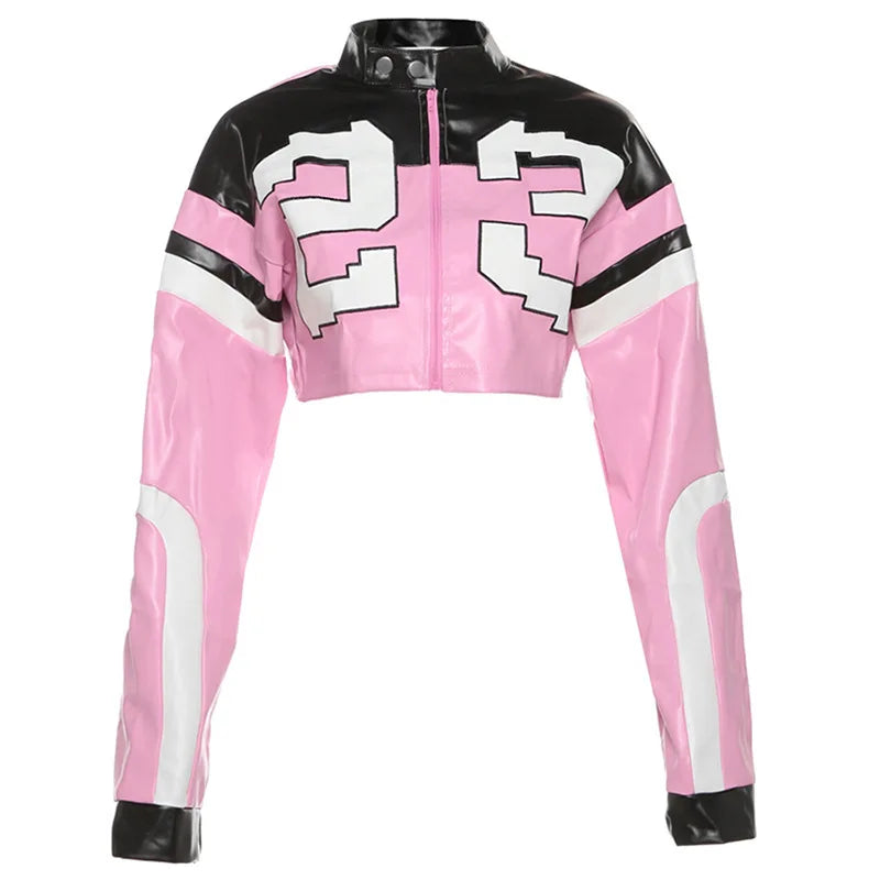 Crop Top Women's Leather Jacket Moto Biker Style Number Print Women's Jacket Fashion Outerwears Women's Moto Biker Zipper Jacket - Premium  from Lizard Vigilante - Just $58.99! Shop now at Lizard Vigilante