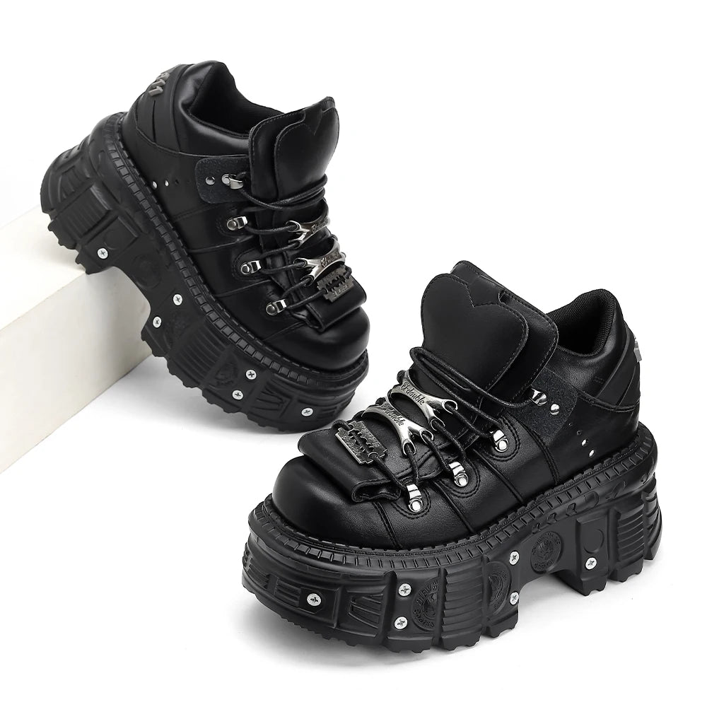 2025 Woman Sneakers New Punk Style Women Shoes Gothic Ankle Rock Boots Lace-up Heel Height Platform Shoes Woman Metal Decor