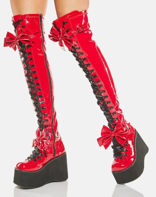 Red Patent Leather Platform Bow Over The Knee Boots – Elevate Your Winter Style! - Premium boots from Lizard Vigilante - Just $166.66! Shop now at Lizard Vigilante