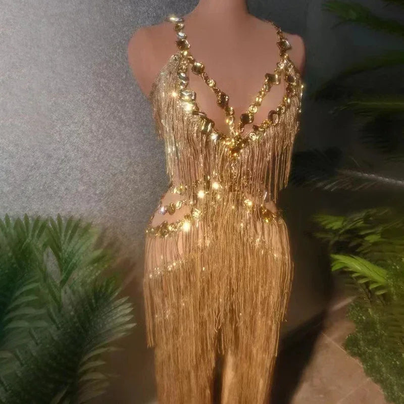 Sparkling Gold Rhinestone & Tassel Dance Jumpsuit – Glamorous Rave, Gogo, Queen Stage Costume - Premium costume from Lizard Vigilante - Just $188.88! Shop now at Lizard Vigilante