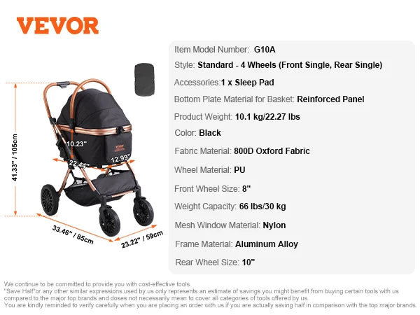 VEVOR 66 lbs Pet Stroller Foldable Dog Puppy Stroller with Brakes Storage Basket Detachable Carrier for Small to Medium Dogs - Premium  from Lizard Vigilante - Just $229.99! Shop now at Lizard Vigilante